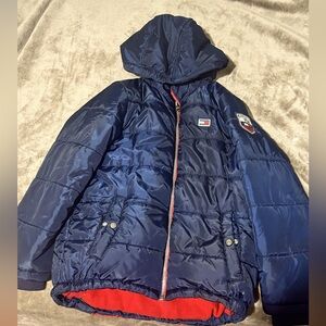 Tommy Hilfiger Boys Fleece Hooded Puffer Jacket Navy Blue Red Size Boys 10/12